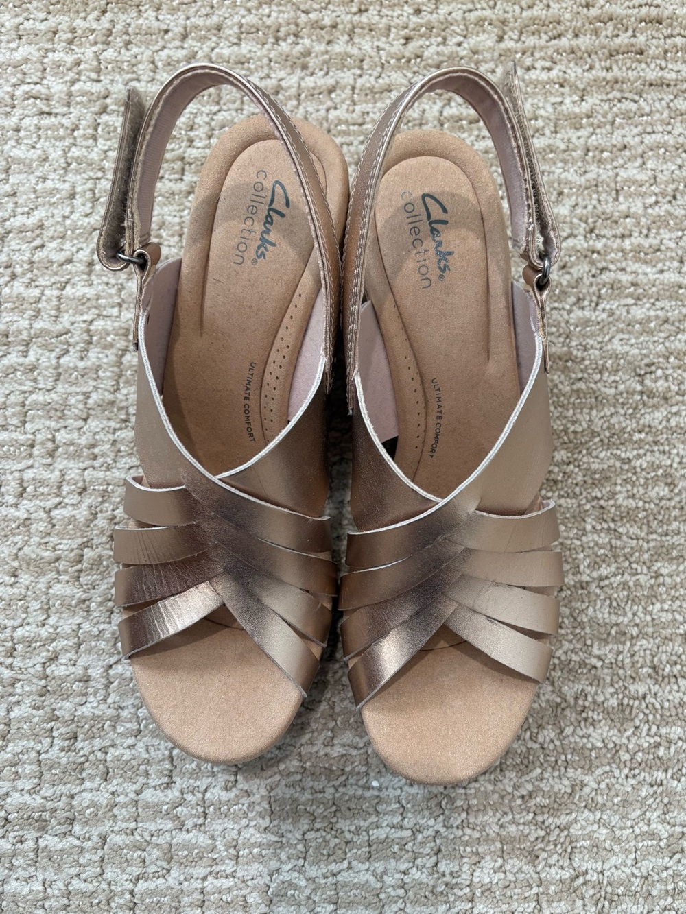 Clarks Metallic Champagne Gold Slingback Wedge Sandals, Size 11
